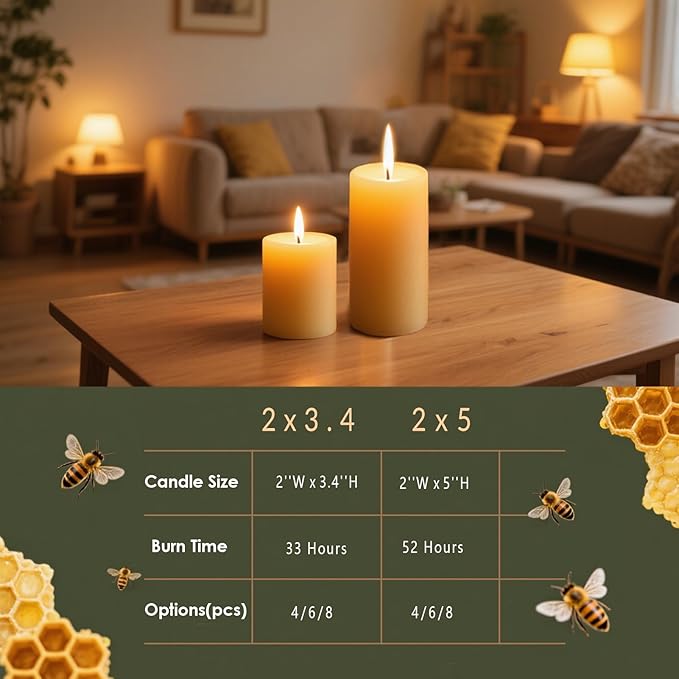 8 Packs Beeswax Candles, 2x5 Inch Natural Beeswax Pillar Candles, 400-Hour Total Long Burn Time, Organic Emergency Candle for Home Decor, Gift Sending, Smokeless & Dripless