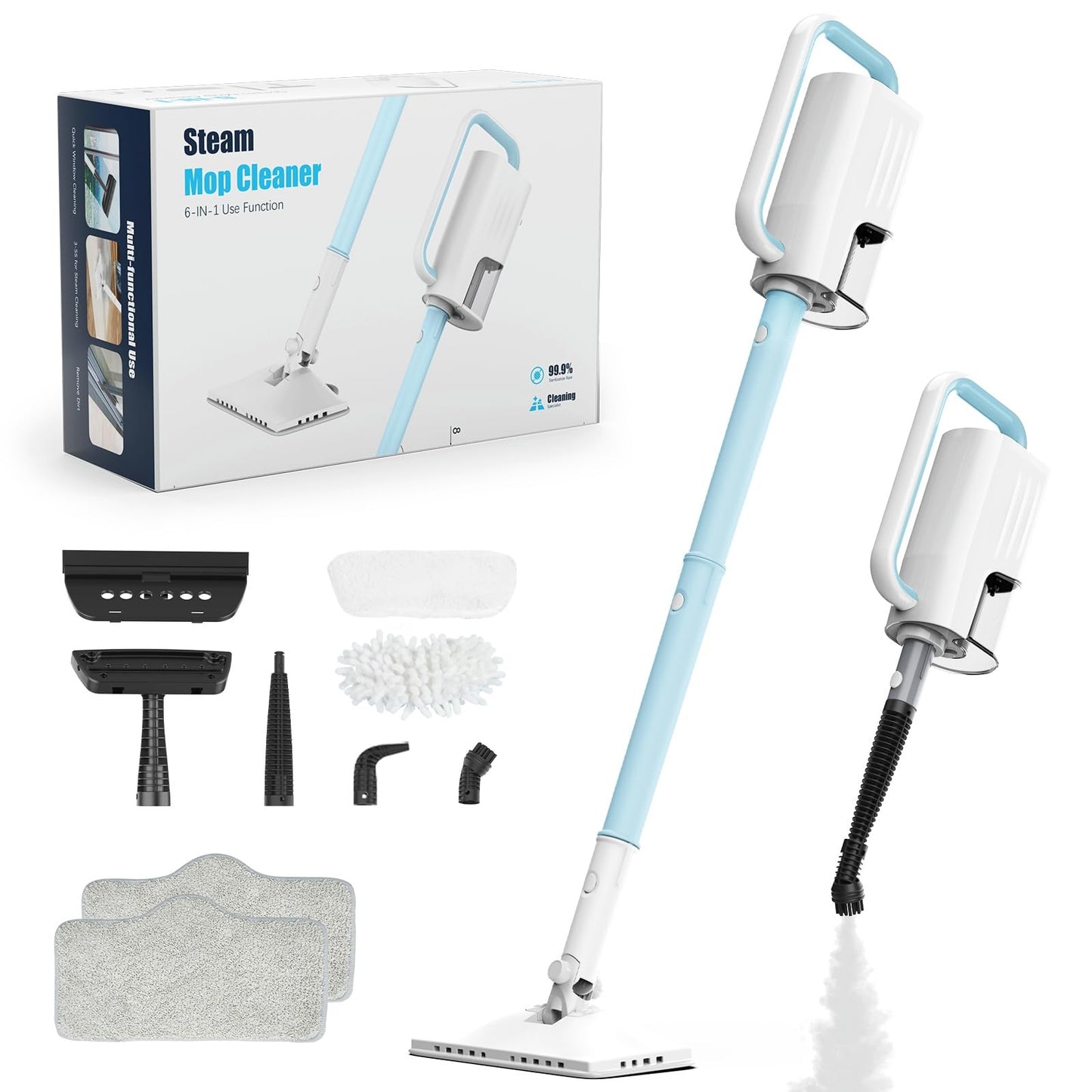 Steam Cleaner, 6 in1 Rotated Steam Mop Cleaner with 2 Modes, 2 Microfiber Pads, 400ML Removable Tank, 23FT Power Cable, Detachable Steam Mops for Floor, Laminate Floor, Tiles Cleaning (Ice Blue)