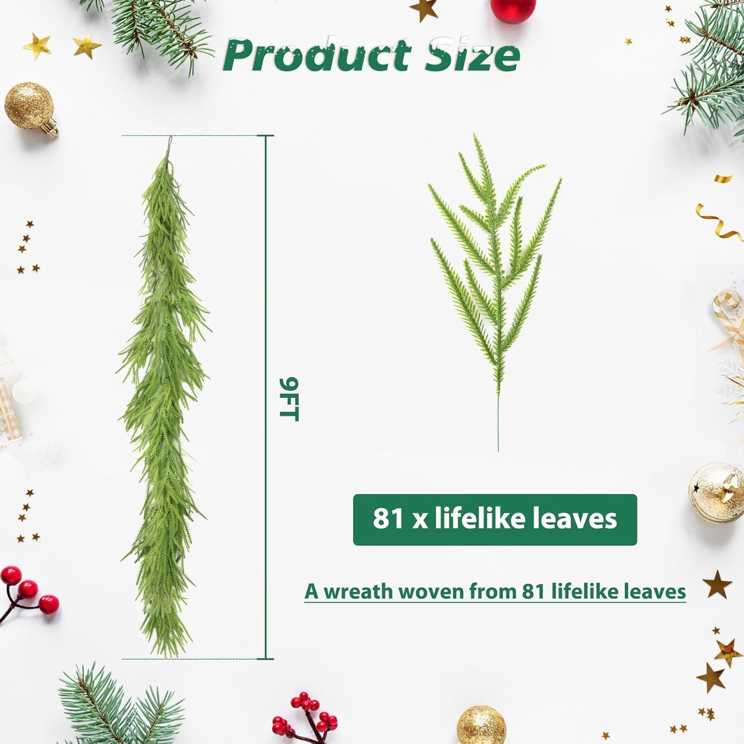 Norfolk Pine Garland - 9 Ft Realistic Faux Pine for Holiday Decor | Perfect for Mantle & Table