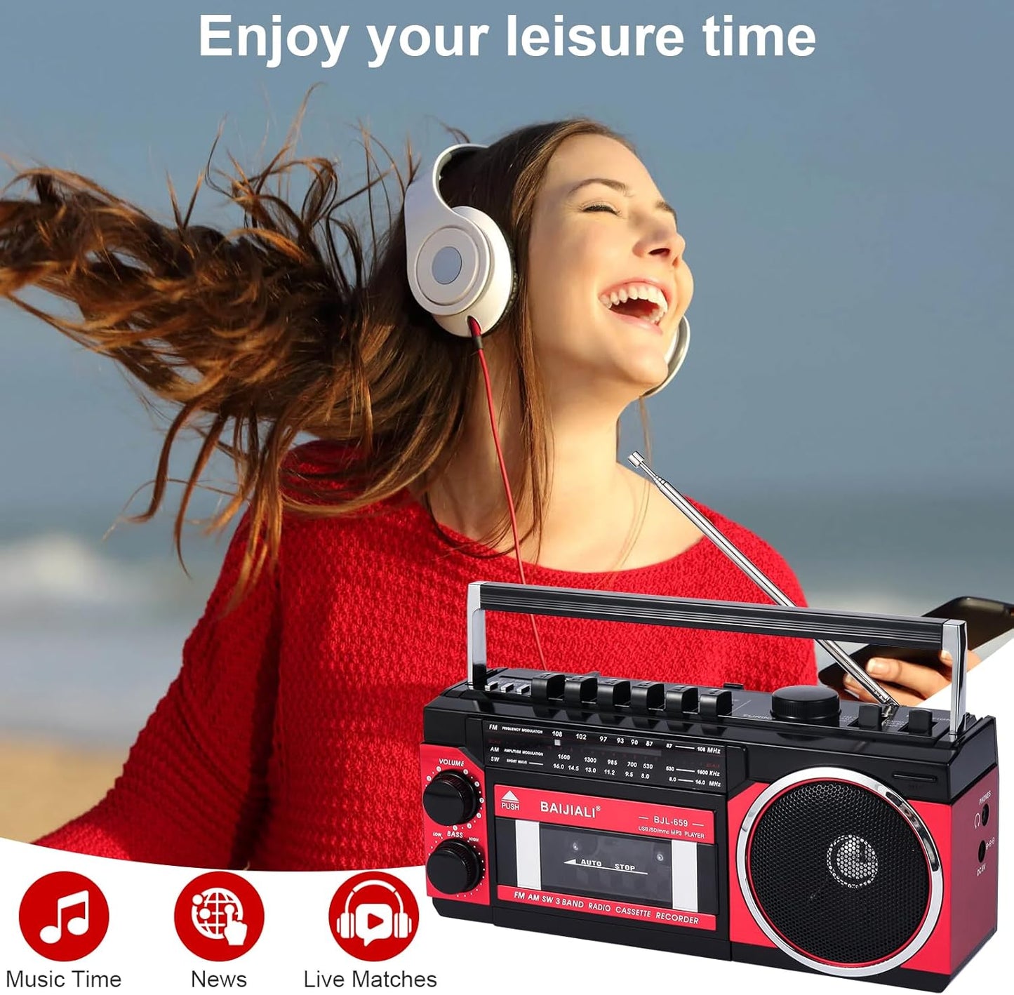 BAIJIALI Cassette Portable Player with AM/FM/SW Radio & BT, Boombox for Home and Travel, Record from Radio, Play via
