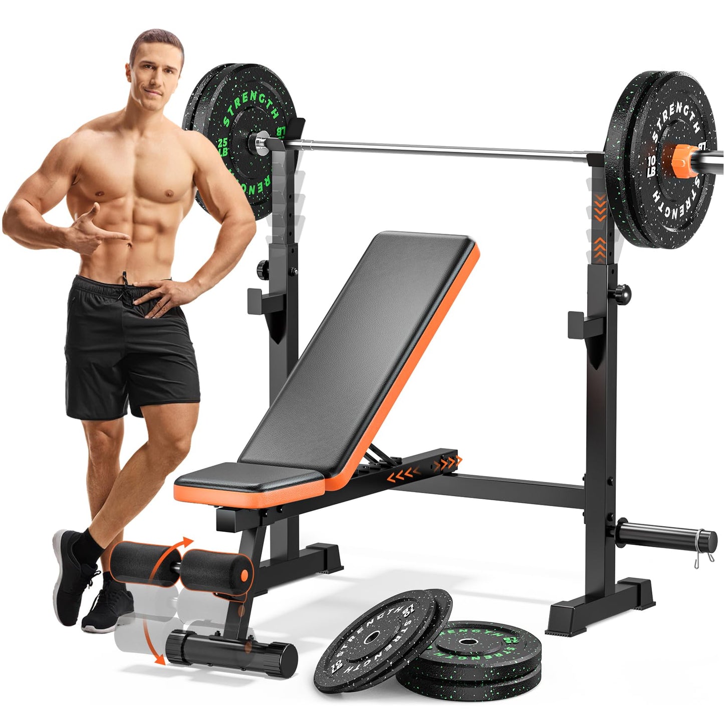 Adjustable Weight Bench with Squat Rack, 770lbs Heavy Duty Olympic Bench Press for Home Gym, Multi-Function Flat Incline Workout Bench Family Strength Training with Removable Foot Catch (Weight Bench Set+2*10LBS+2*25LBS Plates)