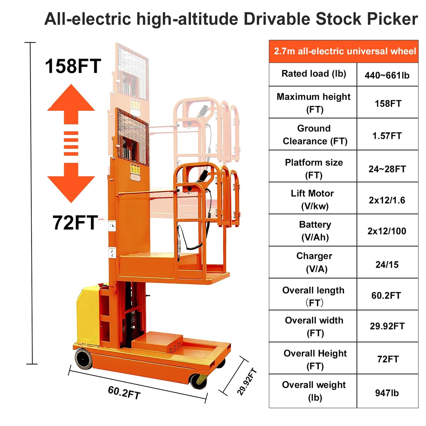 Fully Electric Self-Propelled Order Picker Lift Truck, 661 lbs Capacity, Drivable Stock Picker & Personnel Lift for Narrow Aisle Warehouse, Material Handling & SKU Picking (8.86FT Lifting Height)