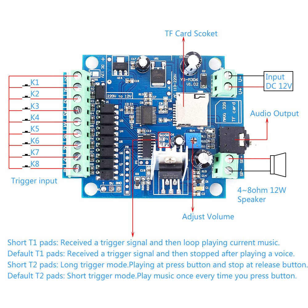 Lufasa MP3 12V 12W 4ohm 8ohm 8 Voice Player Module DC Power Amplifier Module Voice Module Music Alarm Prompter Trigger