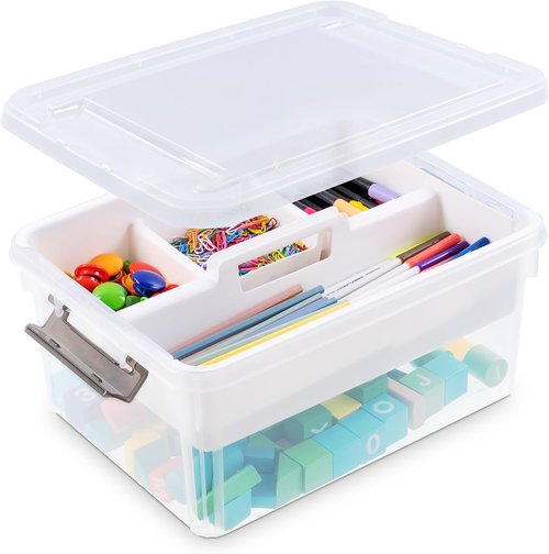 Citylife 17 QT Clear Plastic Storage Bin - Stackable Latching Box with Removable Tray | Orange for Organizing Tools & Crafts