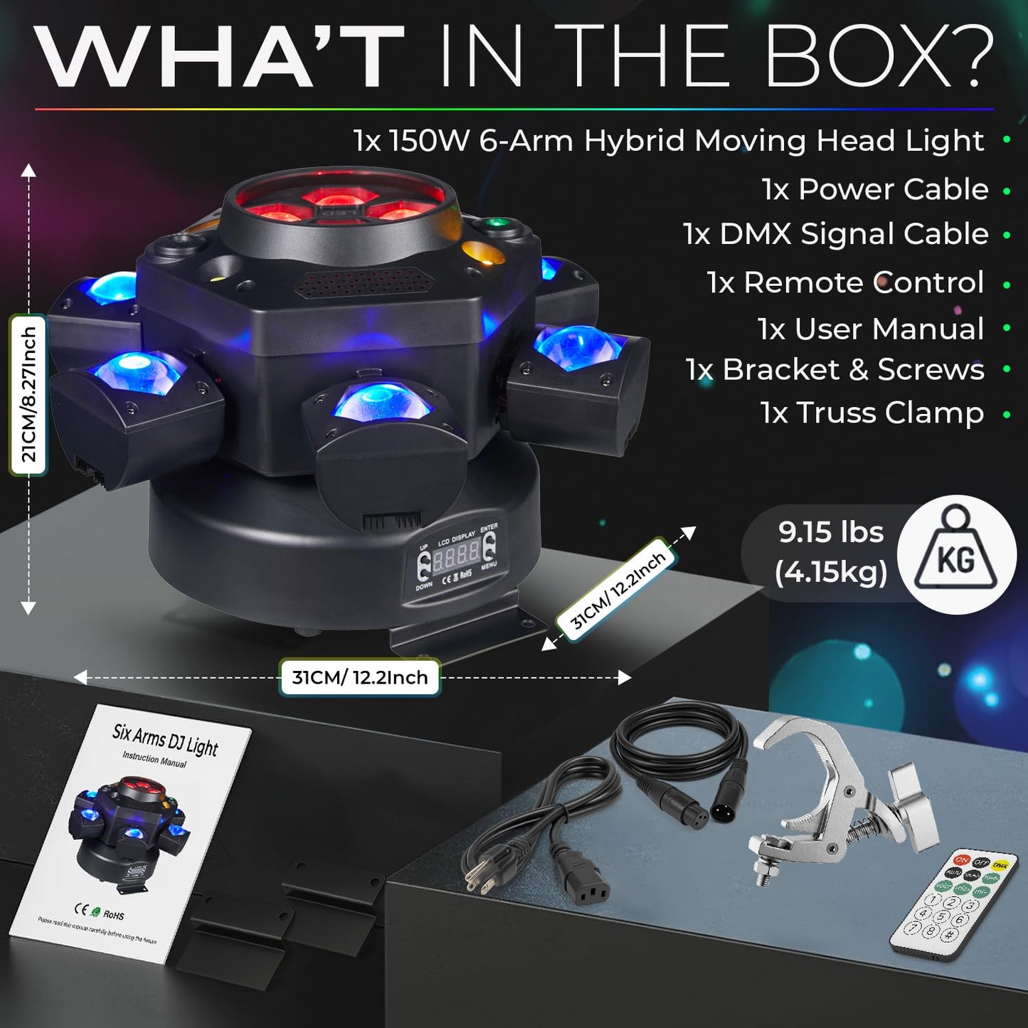 Flashback Events 150W Moving Head DJ Light – 6-Arm Spider Beam & Bee-Eye Wash Hybrid + Red/Green Laser & Amber Strobe – DMX512 & Remote Control for Wedding Stage Party Lighting