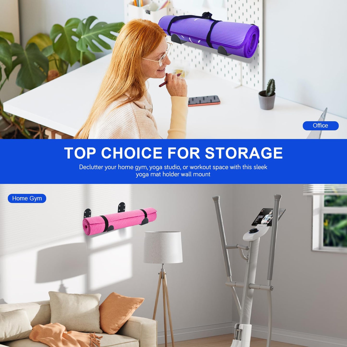 Yoga Mat Holder Wall Mount, 2-Pack Space Saving Yoga Mat Rack for Small Home Gym Storage, Stainless Steel Wall Holder for Yoga Mats, Foam Rollers & Workout Accessories