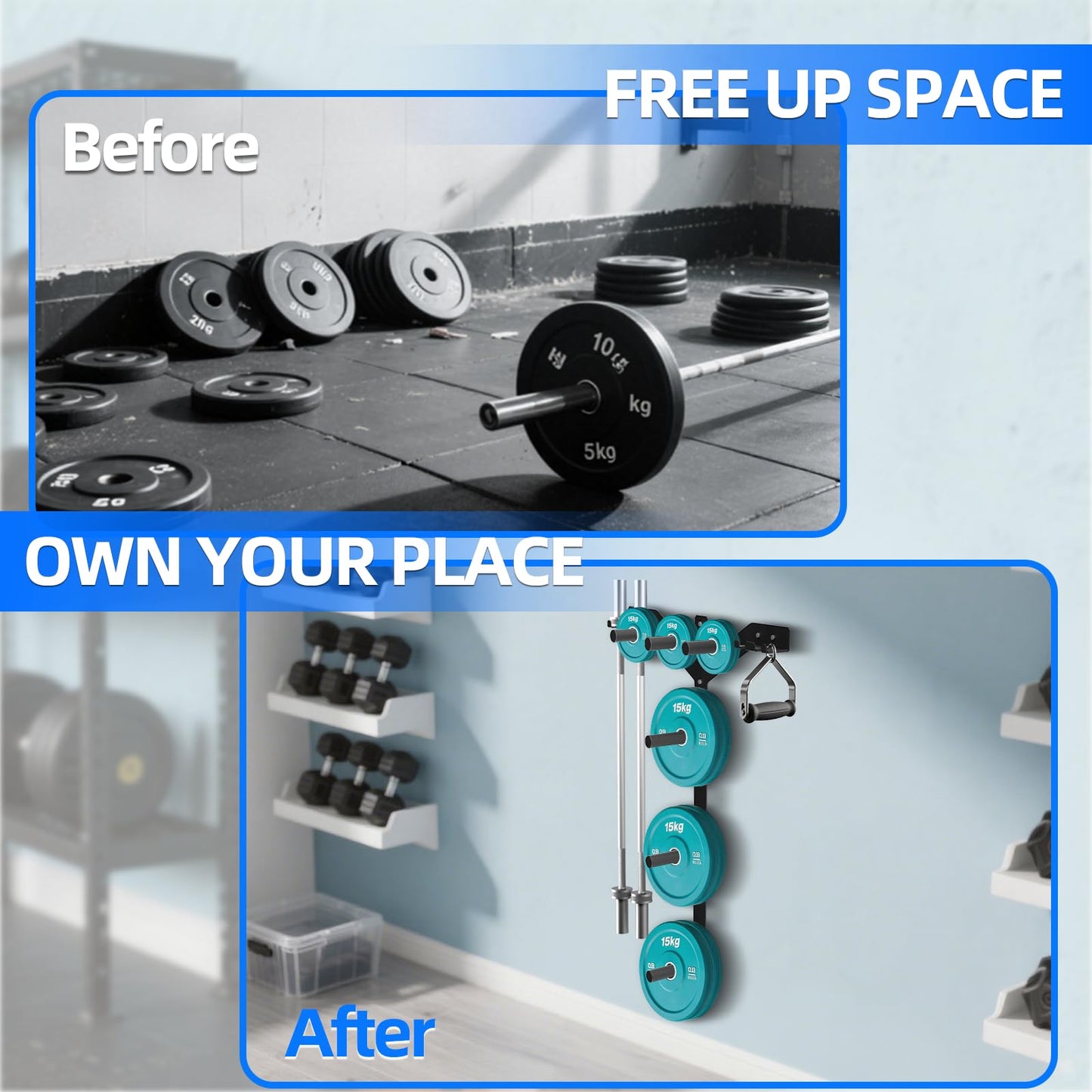 Wall Mounted Weight Plate Rack, 6 Pegs & 4 Barbell Storage Rack, 1190 LBS Capacity Weight Plate Holder, Wall Mounted Bumper Plate Storage for Home Garage Gym, Fit 2" Olympic, Rubber Protection Pads