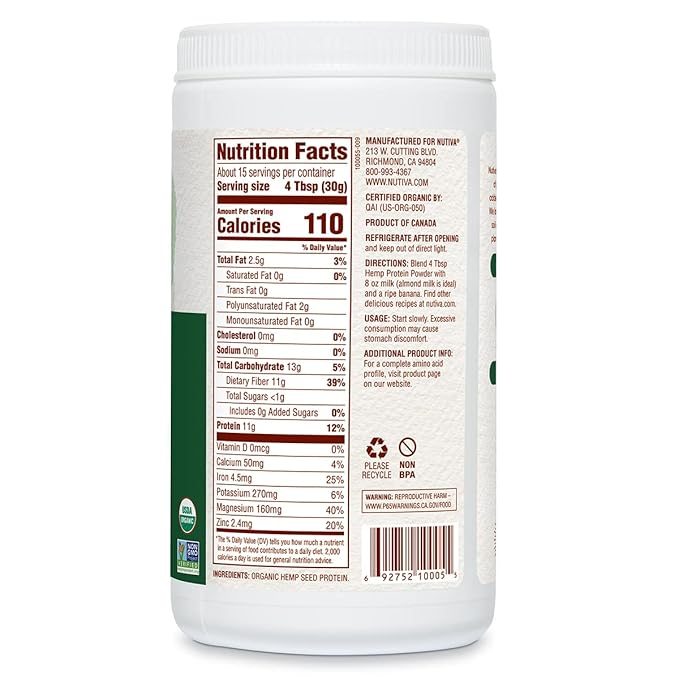 Nutiva USDA Organic Cold-Pressed Hemp Seed Plant Protein Powder, 16 Ounce, Fiber Plus with Essential Amino Acids, Non-GMO, Whole 30 Approved, Vegan & Keto