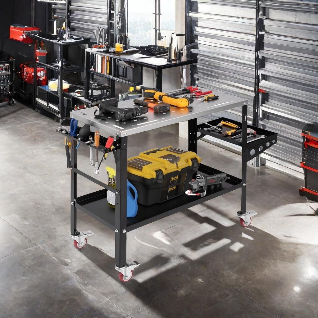 ERGOMASTER Welding Table 36'' x 18'',1200LBS Steel Weld Workbench with Wheels, 8 Tool Slots and 5/8" Fixture Holes for Welder Garage & Workshop