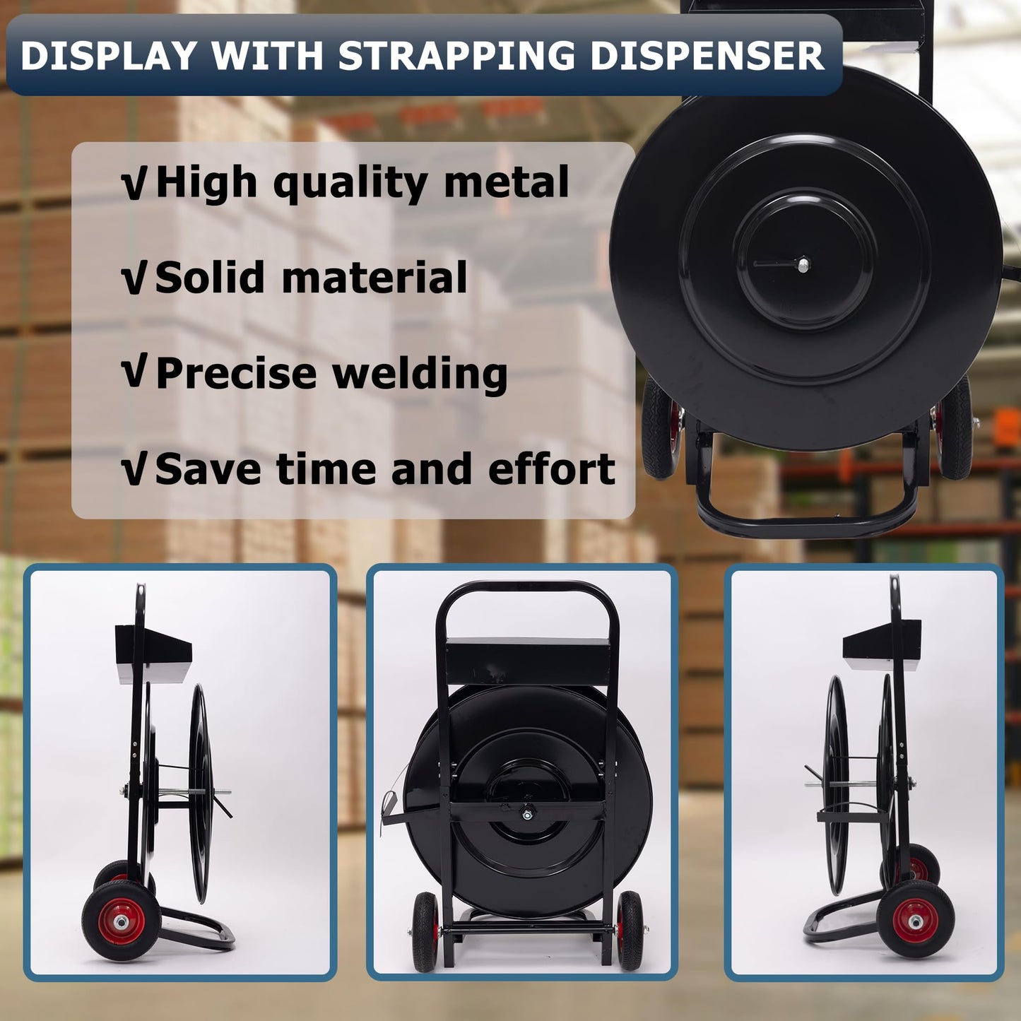 Heavy Duty Banding Strapping Cart & Dispenser - Fits 8" x 8"/16" x 16" Poly/Plastic Steel/Fibre Strapping - Built-in Tool Tray for Seals/Tensioner & Durable Frame (Black)