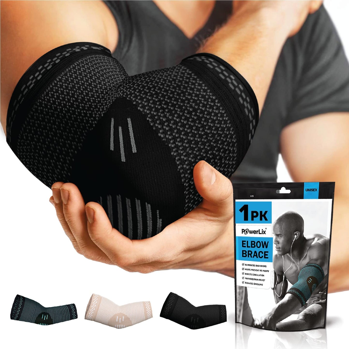 POWERLIX Elbow Brace Compression Support - Elbow Sleeve for Tendonitis, Tennis Brace and Golfers Treatment, Arthritis, Workouts, Weightlifting – Reduce Elbow Pain (Black, S)