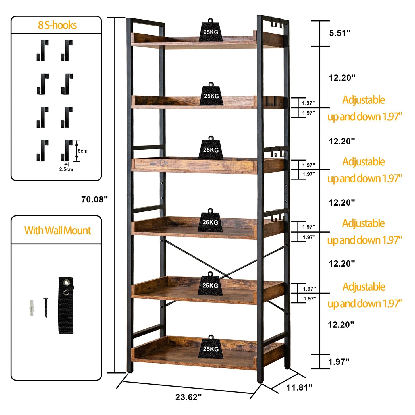 HCHQHS Adjustable 6 Tier Open Bookcase, Rustic Farmhouse Book Shelves, Industrial Wood and Black Metal Bookshelves, Mid Century Bookcase for Home Office Living Room Bedroom