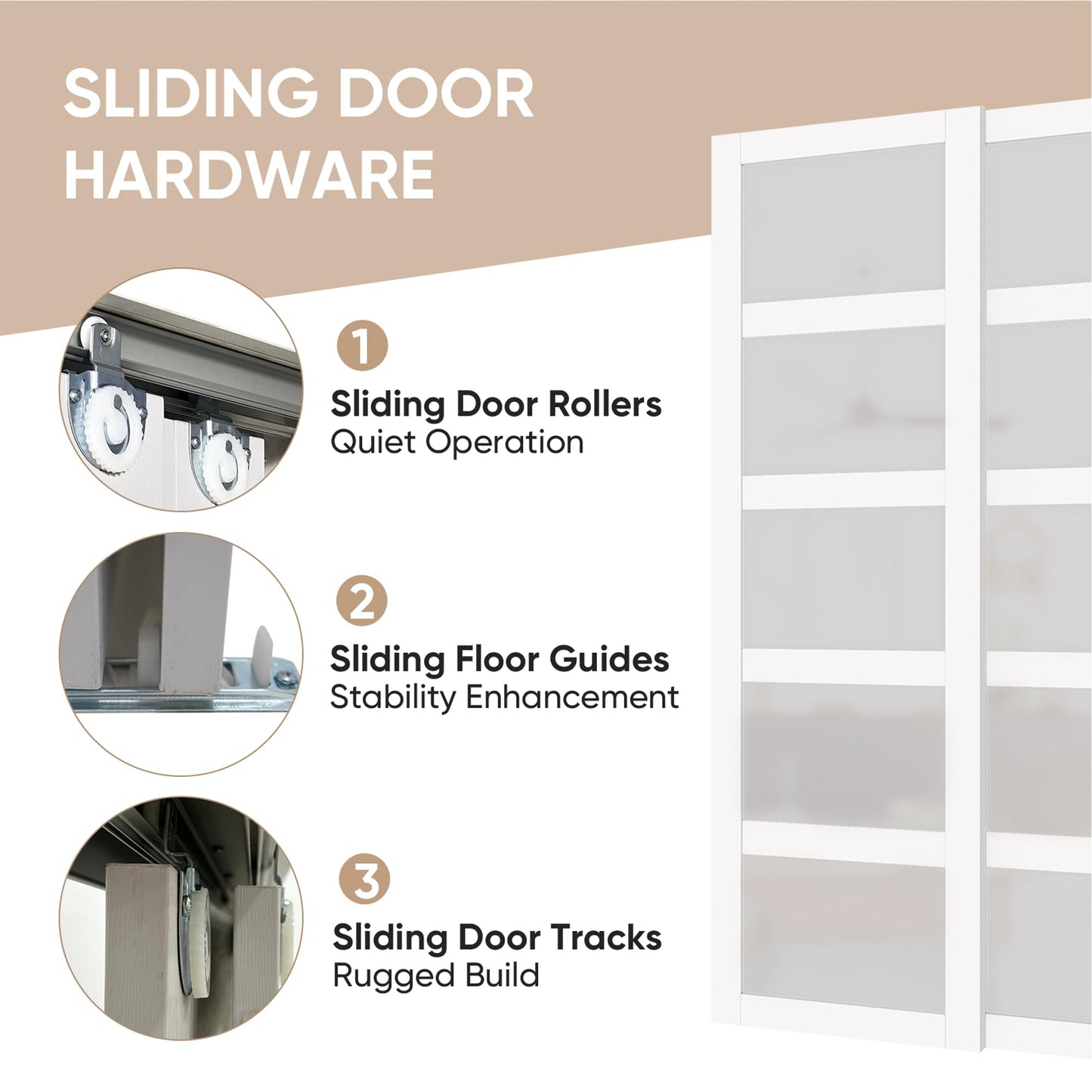 SOLRIG Sliding Closet Door, 72"(Double 36.96") x 80" Bypass Closet Doors, 5-Lite Frosted Glass Sliding Door with Hardware Track Kit & Floor Guide, Pre-Drilled Door Panel Assembly Required, MDF, White
