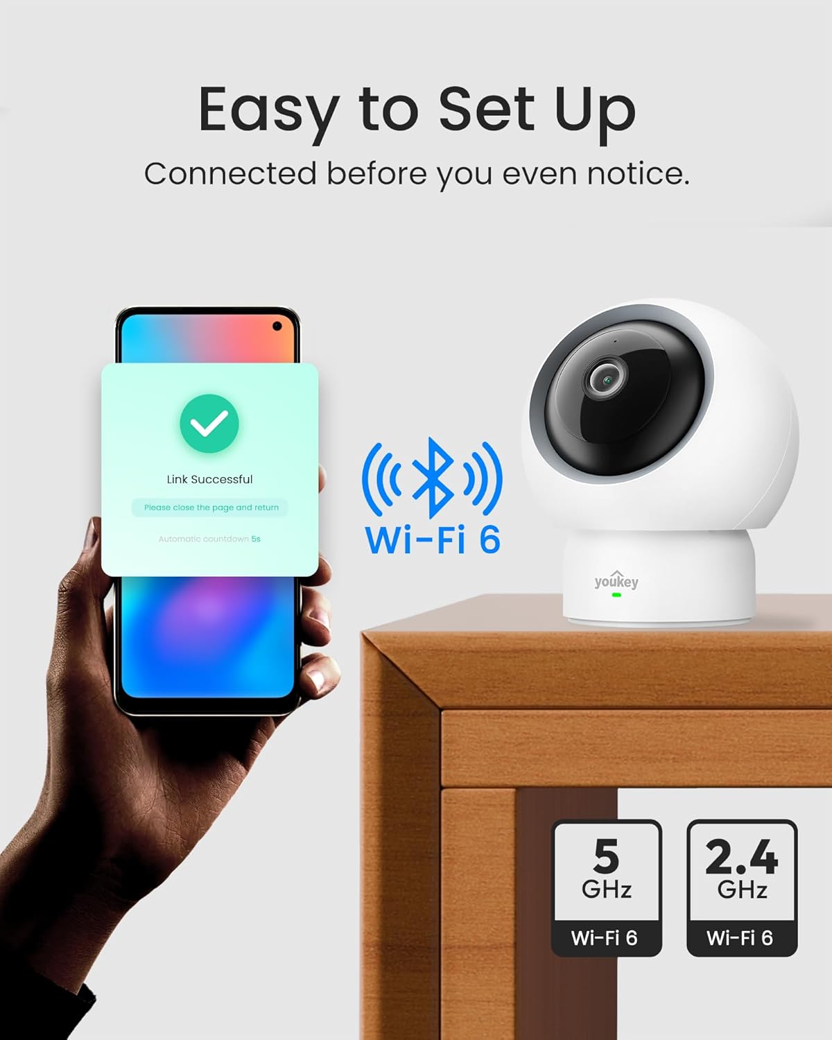 youkey 2.5K 360 5G/2.4G 6, Indoor Camera, No Monthly Fees, Pan-Tilt, Dog/Pet Camera for Home Security with Phone App