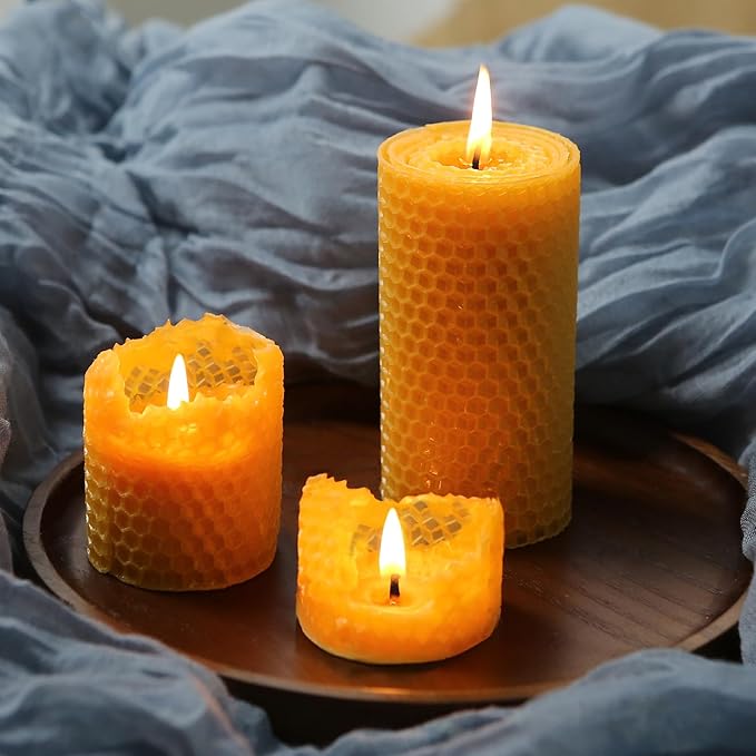 8 Packs Hand-Rolled Beeswax Candles, Handcrafted Honeycomb Beeswax Pillar Candles, Natural Bee Farm Gifts for Candle Lovers,Home Decor, Air Purify (2x4 in)