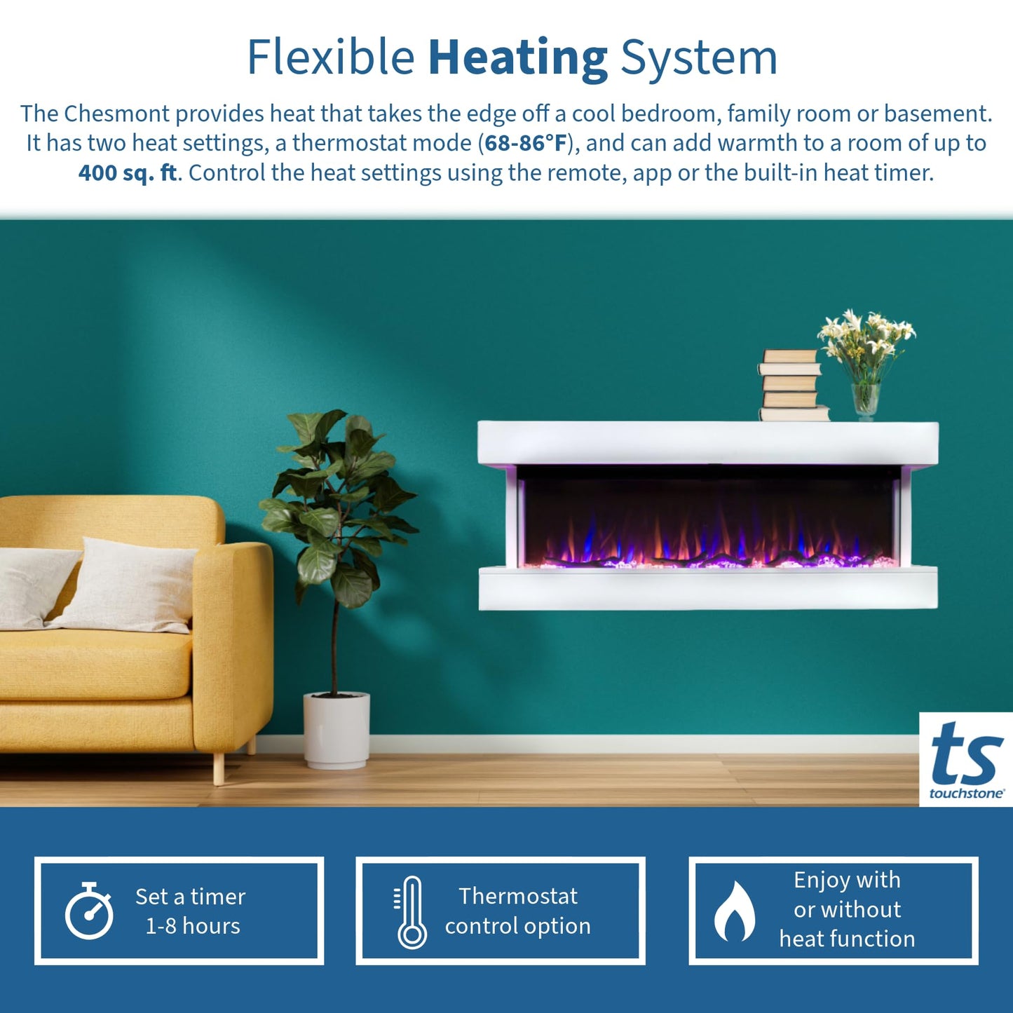 Touchstone Chesmont Smart Electric Fireplace- Wall Hanging Fireplace with 50" Wide White Floating Mantle- Alexa/WiFi Enabled-10 Color-1,500W Heater- Crystals & Driftwood-Model 80033