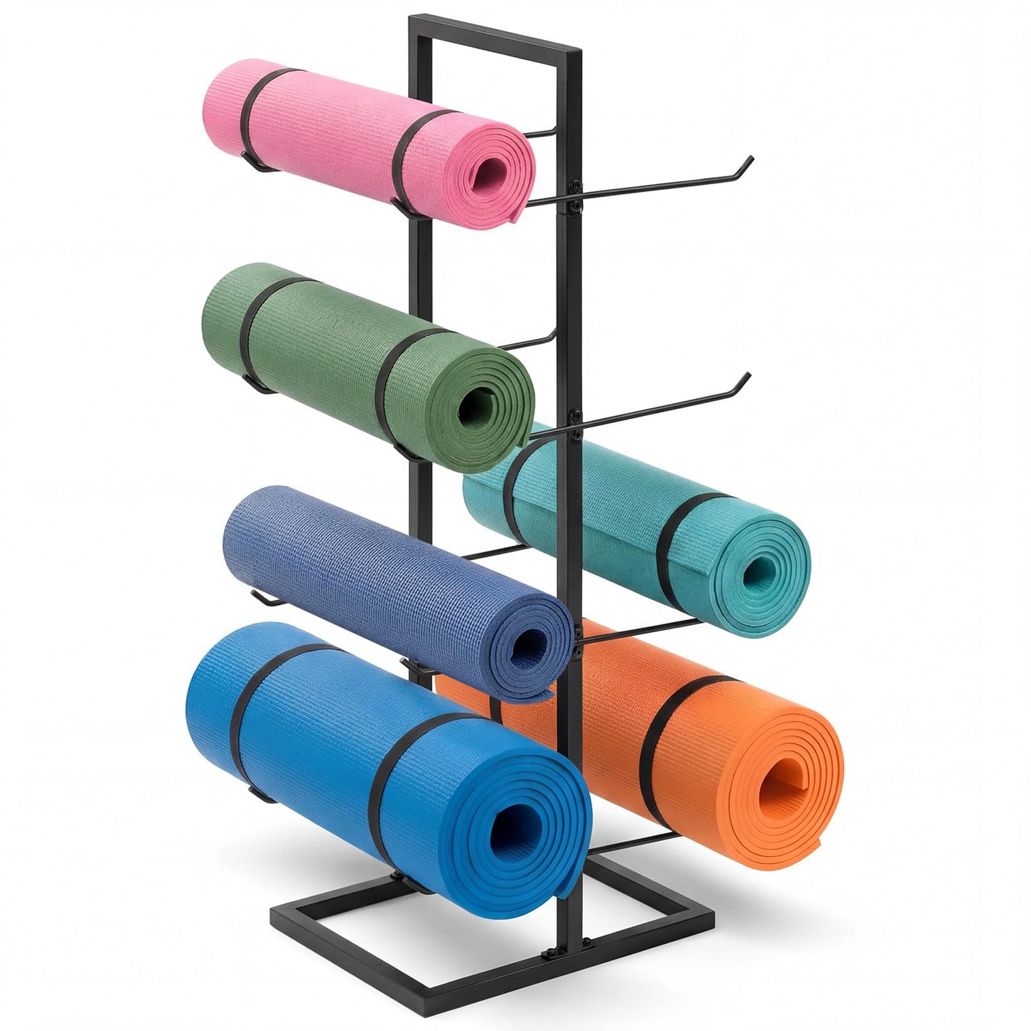 Cinnvoice 4-Tier Freestanding Yoga Mat Holder, Double-Sided Metal Storage Rack for Yoga Mats, Foam Rollers, Heavy Duty Home Gym Organizer Stand with Non-Slip Feet, Matte Black