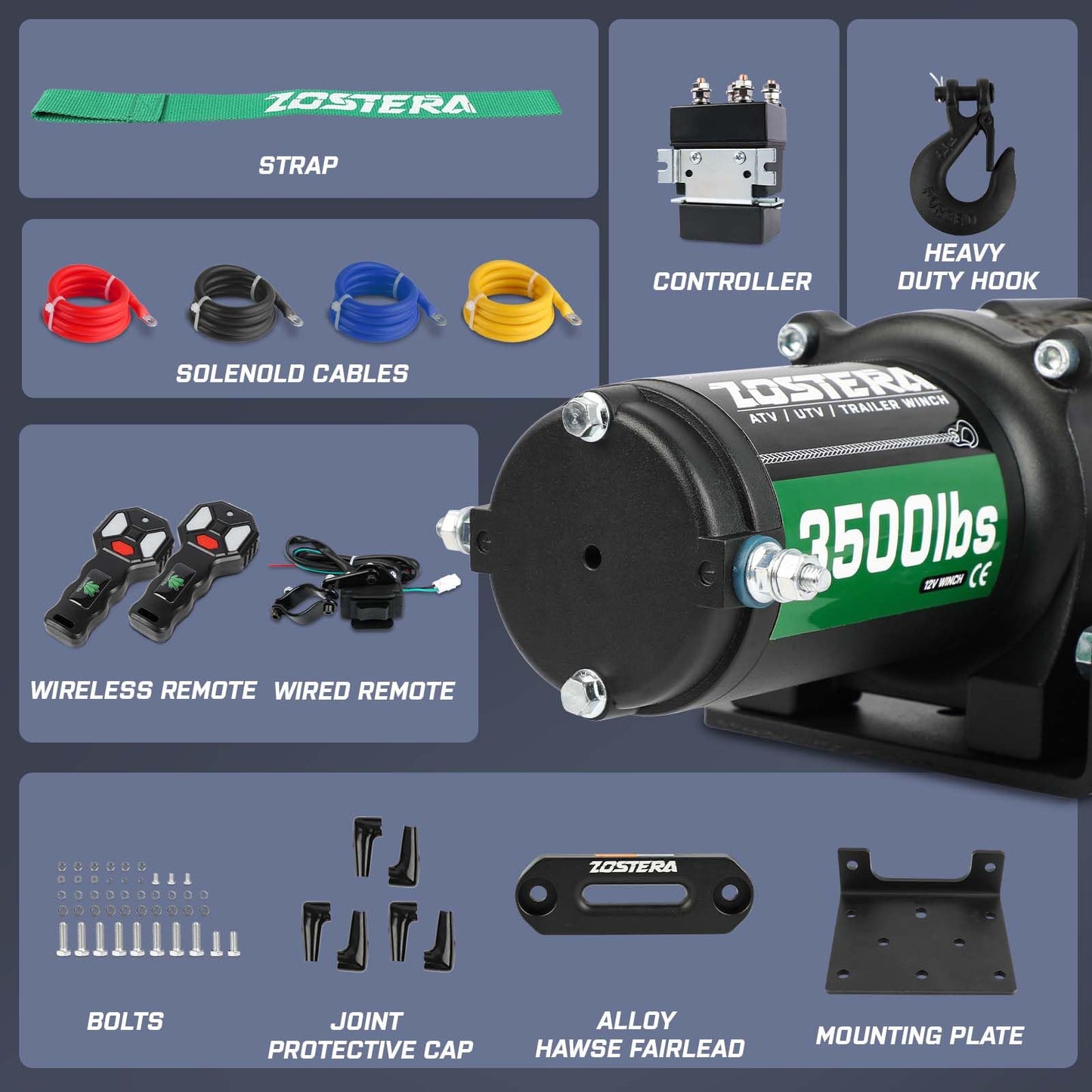 Zostera 3500lbs ATV/UTV Winch with Synthetic Rope, Electric Boat Trailer Winch 12V, Waterproof Winch with 2 Wireless Remotes &Wired Switch,with Mounting Plate,Pulley,Rope Damper,Aluminium Fairlead