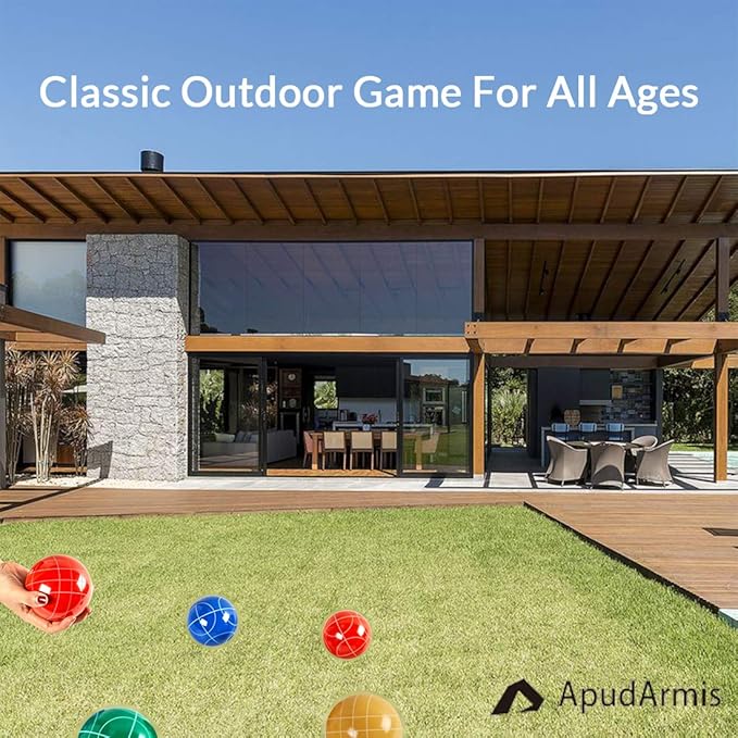 ApudArmis Bocce Balls Set, Outdoor Family Bocce Game for Backyard/Lawn/Beach - Set of 8 Poly-Resin Balls & 1 Pallino & Nylon Carrying Case & Measuring Rope (90mm)