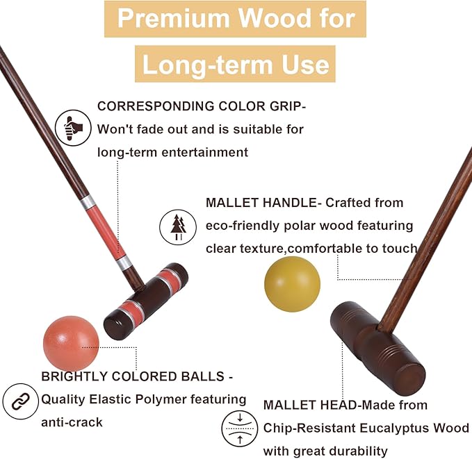 Deluxe 8 Players Croquet Set with 32In Regulation | 28In Standard Size Rubber Wood Mallets, Colored PE Ball, Wickets, 21In End Stakes - Lawn Backyard Game for Teens/Adults/Family