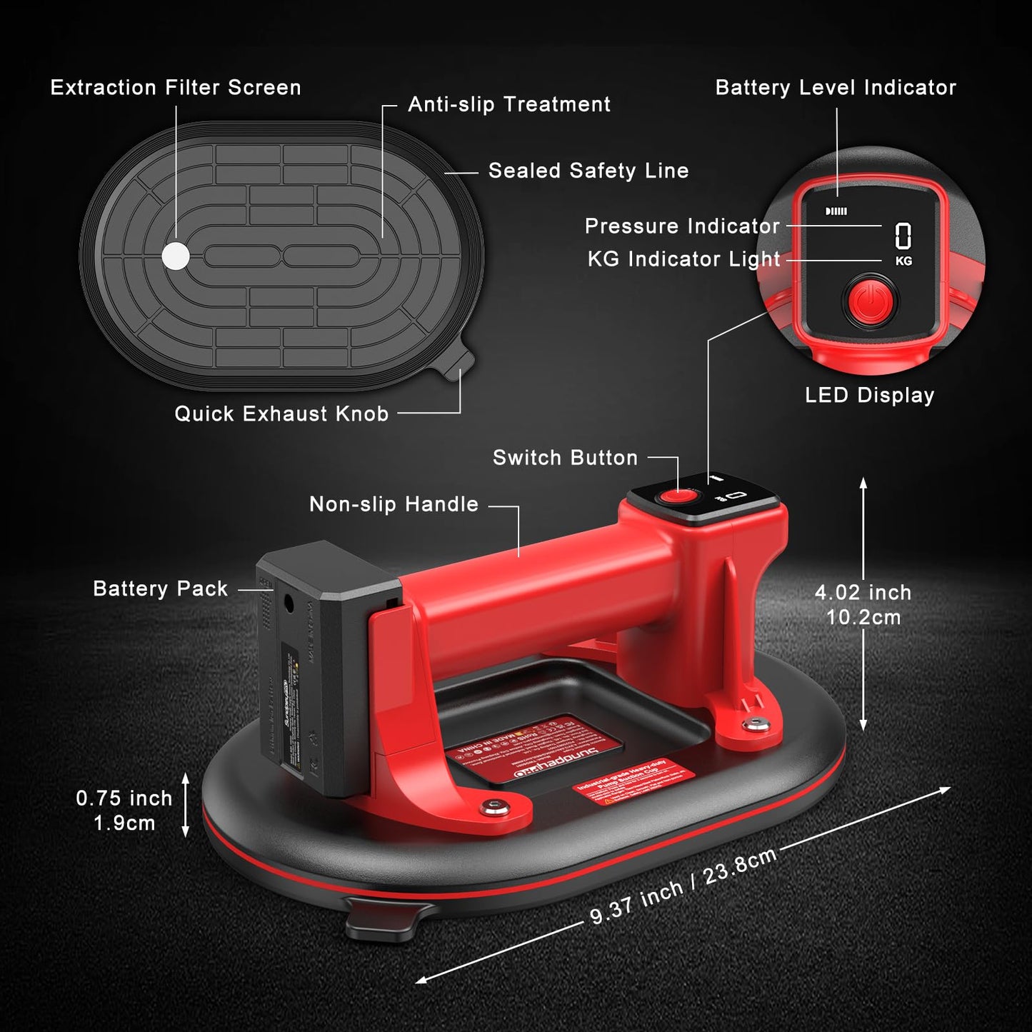 SundpeyPRO Electric Glass Suction Cups - 10" Heavy Duty Vacuum Suction Cups Lifter Max Load 662lbs with 4 x 3.0Ah Batteries & 2 x Chargers & Digital Display for Glass Tile Marble Granite Windshields