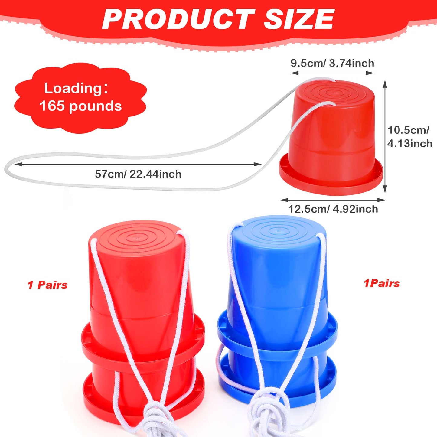 Meooeck 2 Pairs Walking Stilts Balancing Bucket Cup Thickened Plastic Stilts with Adjustable Rope for Kid Balance Coordination Birthday Playground Game Party Favor(Red, Blue)