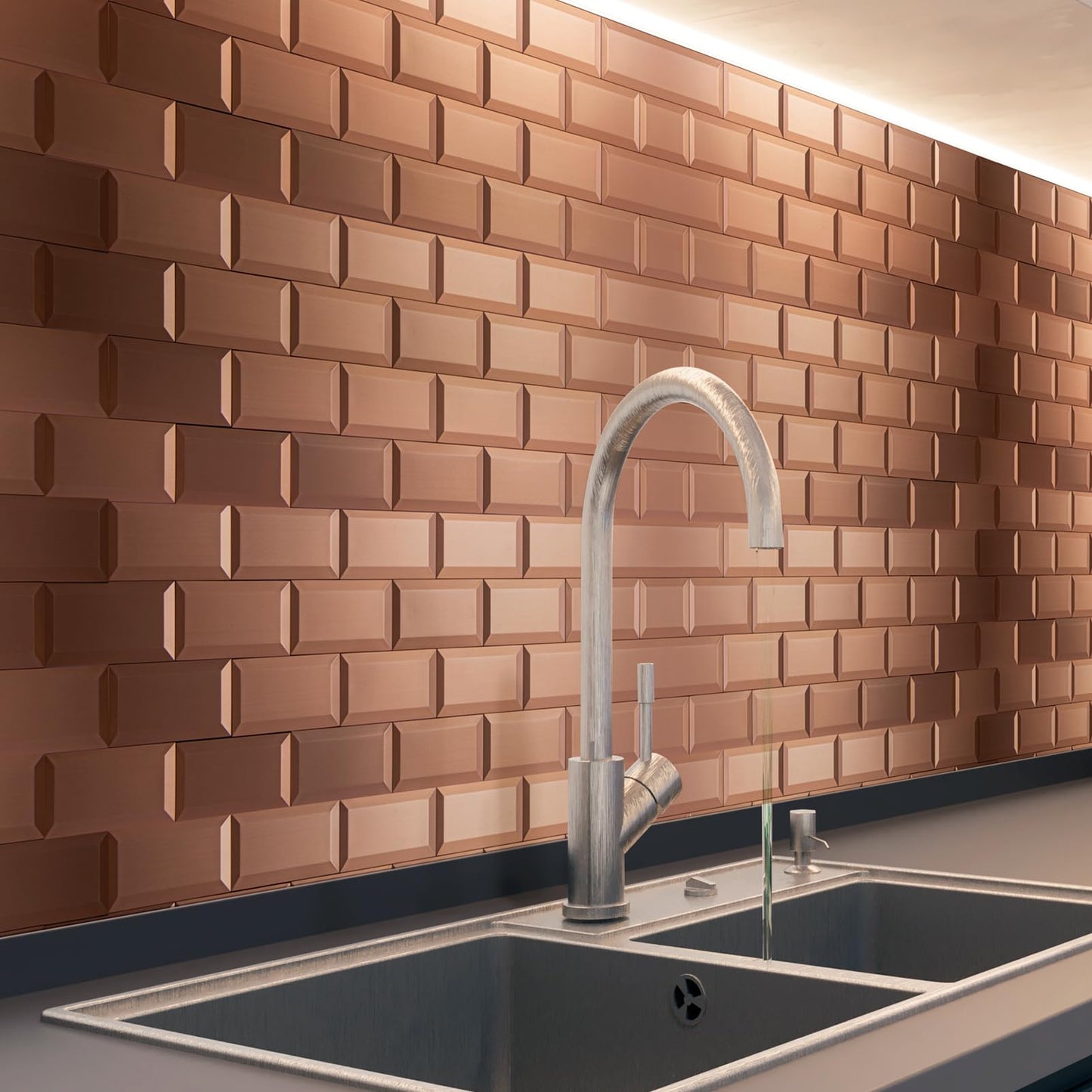 Art3d 100 Pcs Peel and Stick Backsplash Tiles, 3D Textured Metal Stick On Subway Wall Tiles for Kitchen Back Splashes, Bathroom, Laundry Room, 3 x 6 Inch, Copper (Pack of 2)