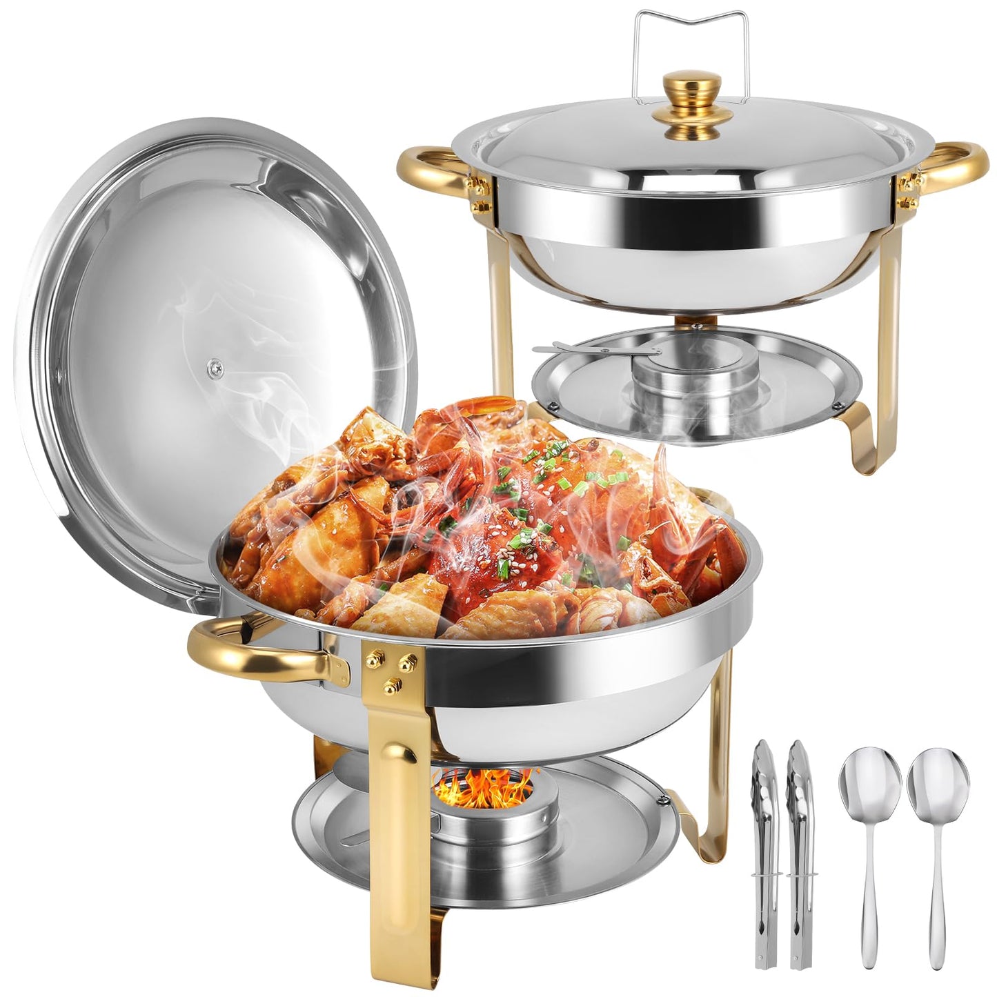 Chafing Dishes for Buffet 2 Pack, 5QT Round Chafing Dish Buffet Set [Elegant Gold and Silver Colors] Stainless Steel Buffet Food Warmers Sets for Catering Events Home Parties Dinners with Complete Set