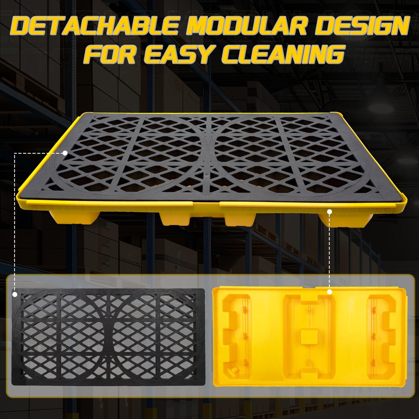 2 Drum Spill Containment Pallets with Drain & Forklift Pockets, Leakproof Platform for Garage, Basement, Industrial Storage (1 Pack, 48" x 24" x 4", 4400lbs Load Capacity, 11.89 Gallon Sump)