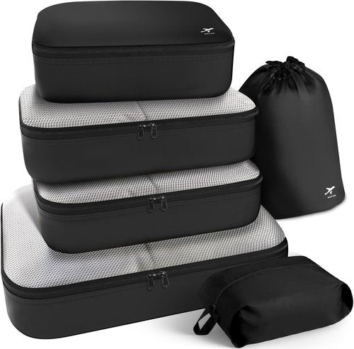 HOTOR Packing Cubes - 6 Premium Travel Organizer Bags for Suitcases | Space-Saving Black Set