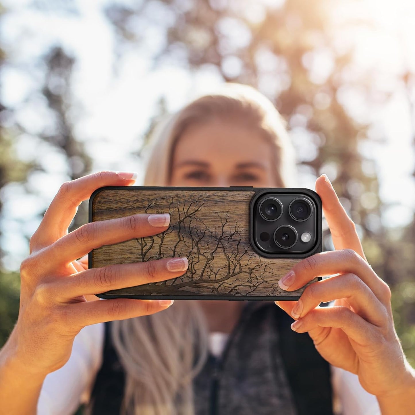 Carveit 16 Magnetic Wooden Case for iPhone Pro Case, Wood Artisan Engraved & Black Soft TPU Shockproof Cover