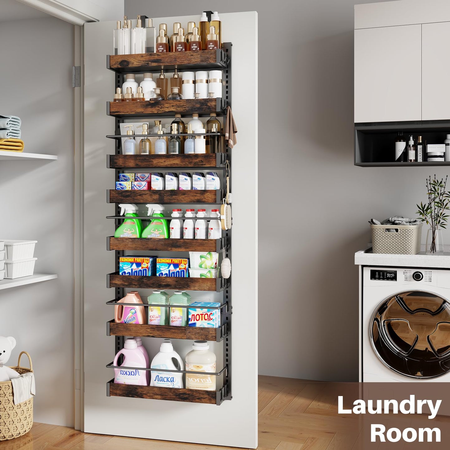 8 Tier Over The Door Pantry Organizer, 2 IN 1 Wall Mount or Metal Hanging Spice Rack for Pantry Organizers and Storage, Seasoning Shelves，Adjustable Basket with Hooks for Kitchen Cabinet and Closet
