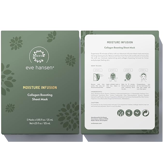 Eve Hansen Collagen Face Mask Sheets Set of 5 ??Hydrating & Nourishing Care for All Skin Types ??With Hyaluronic Acid, Tangerine Peel, Blueberry Extract & Spinach Leaf