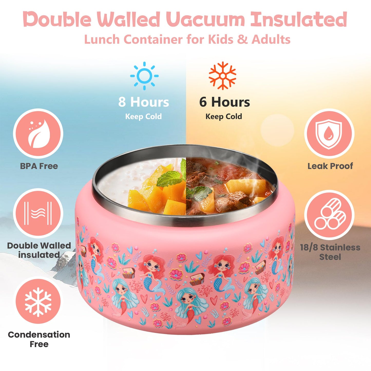 BABHAMNESS 13.5oz Soup Thermo for Hot Food Kids Insulated Vacuum Food Jar with Buckle Lid,Wide Mouth Leakproof Stainless Steel Lunch Container with Spoon-Mermaid