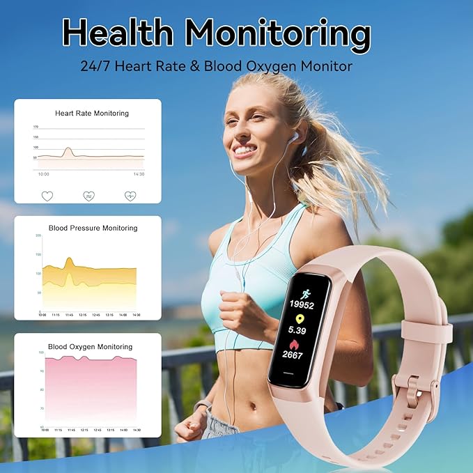 Fitness Tracker with 24/7 Heart Rate, Blood Oxygen Blood Pressure Sleep Monitor, Activity Trackers 5 ATM Waterproof,Step Calorie Counter Pedometer Health Smart Watch for Women Men