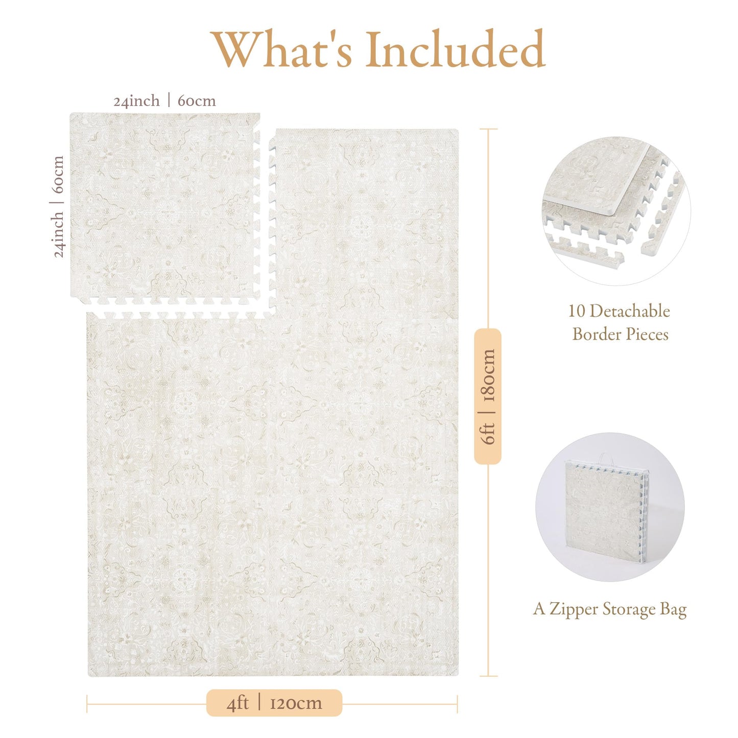 PopsyKosy Premium Baby Floor Play Mat - Extra Thick & Cushioned 1 inch Playroom Foam Mat, Non-Toxic Odorless - 6 Tiles - Spacious 6x4 ft. - Stylish & Large, Waterproof for Kids & Toddlers - Pearl Beige