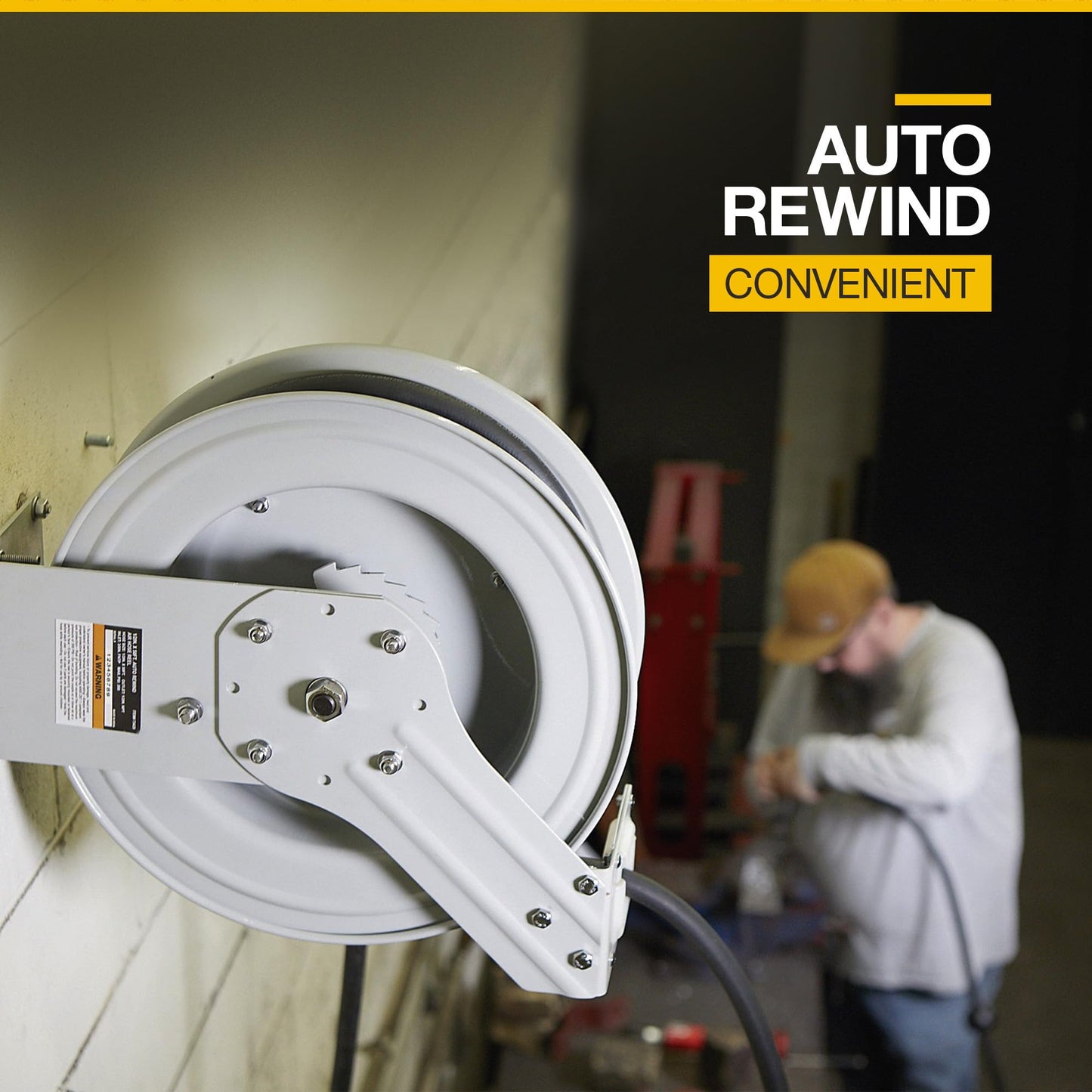 Klutch Auto Rewind Air Hose Reel - with 3/8in. x 50ft. Rubber Hose, 300 PSI