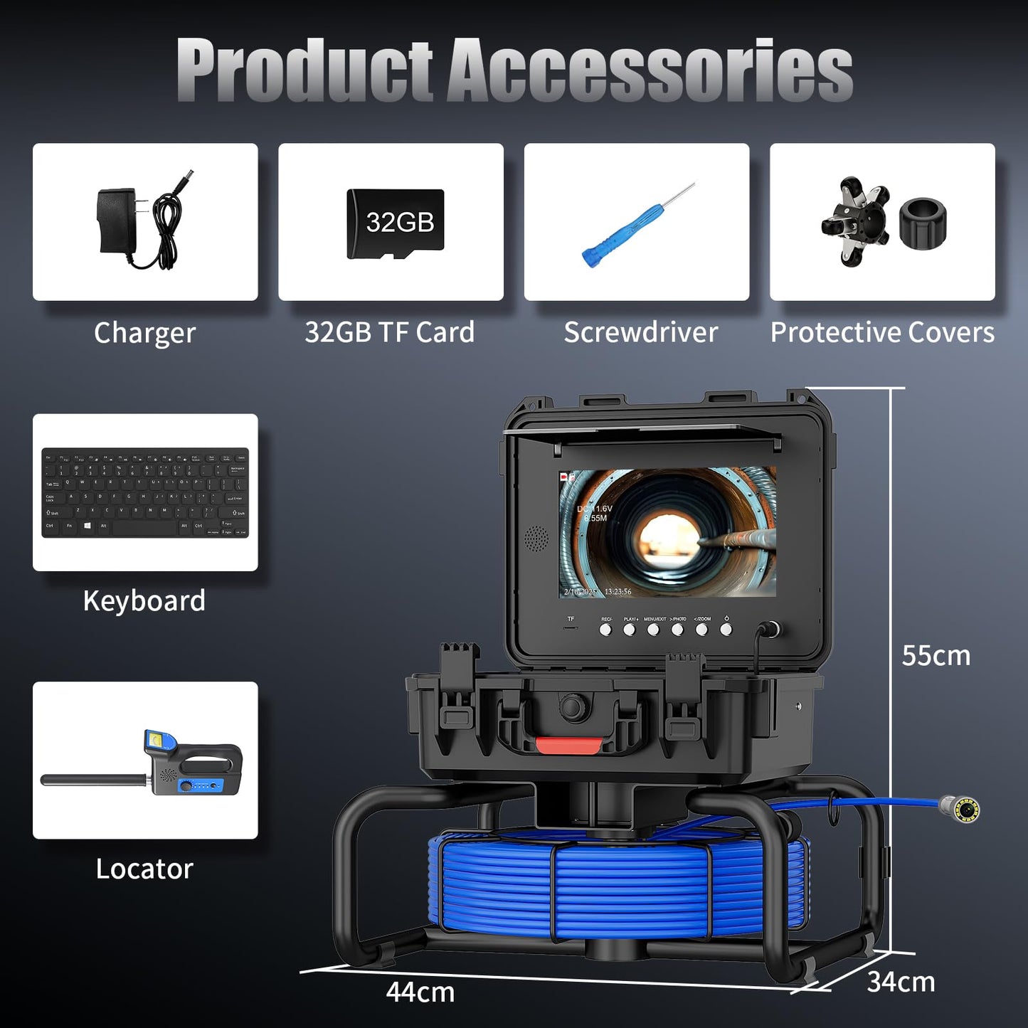 JINXINEBAY 10 Inch IPS Sewer Inspection Camera with 512Hz Locator, 1080P AHD, 50M Cable, DVR, Auto Self-Leveling, 5X Zoom, TF Card, LED Lights for Pipe/Wall/Drain (100FT/512hz Locator)