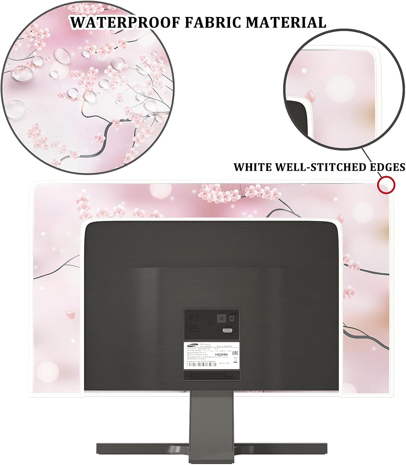 22, 23, 24, 25 Inch Baocicco Cherry Blossom Waterproof Computer Monitor Cover Watercolor Floral Japanese Chinese