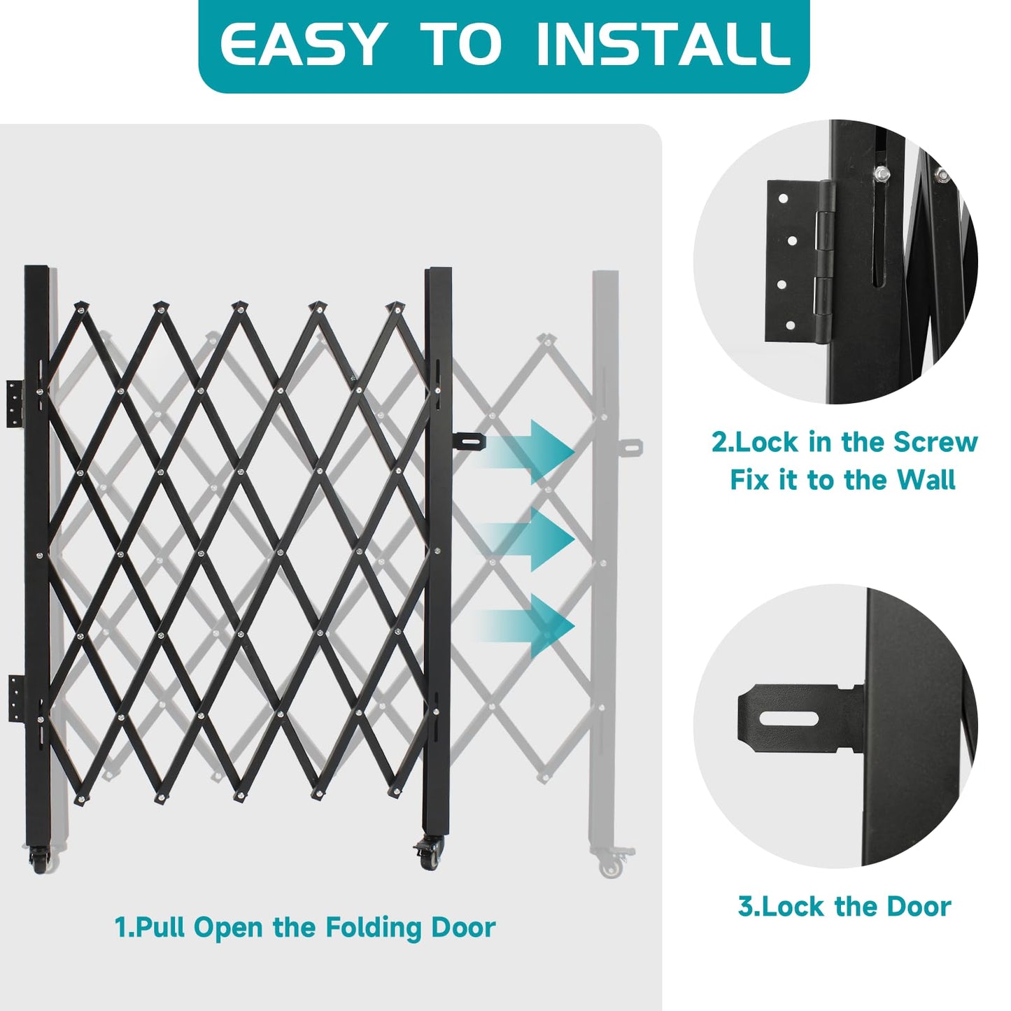 POHADR Single Folding Security Gates, Outdoor Security Scissor Gate 72" W x 50" H Accordion Gate, Metal Expandable Door with 360°Rolling Expanding Security Gate for Courtyards, Garages, Gardens