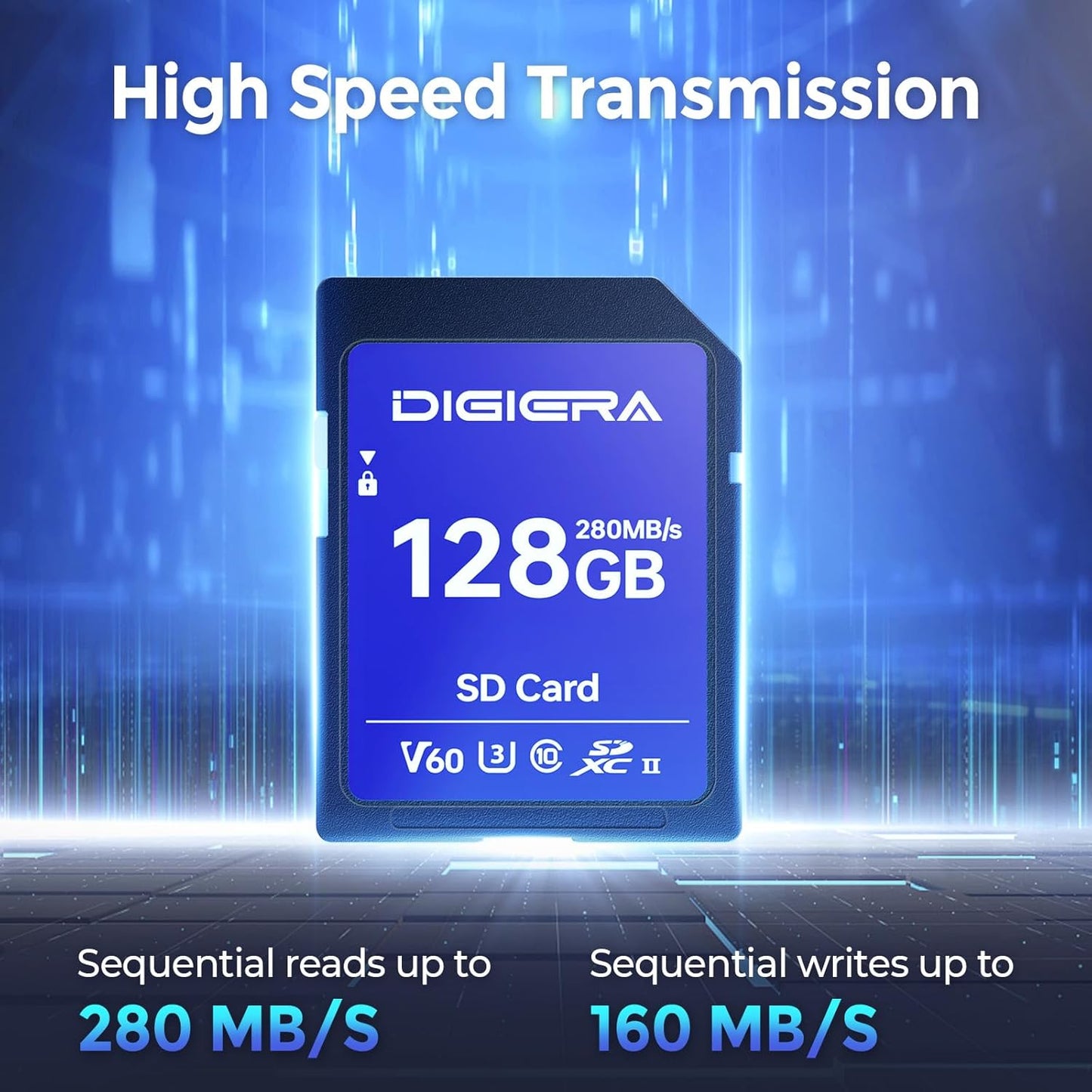 DIGIERA 128GB LSU100 280MB/s, C10, U3, V60, 6K, (1 Pack) SDXC UHS-II Memory Card - up to SD Card for Computers, Digital