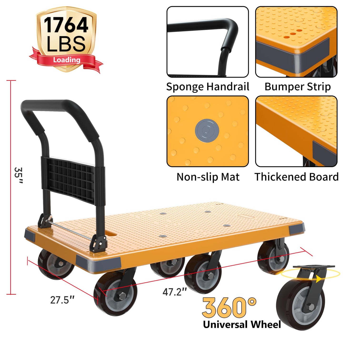 WUD Push Cart, Folding Mobile Platform Trolley,Thickened and Reinforced, 360° Swivel Wheels,47.2 “L x 27.5 ”W, 1764 lb. Yellow Dolly cart with Wheels
