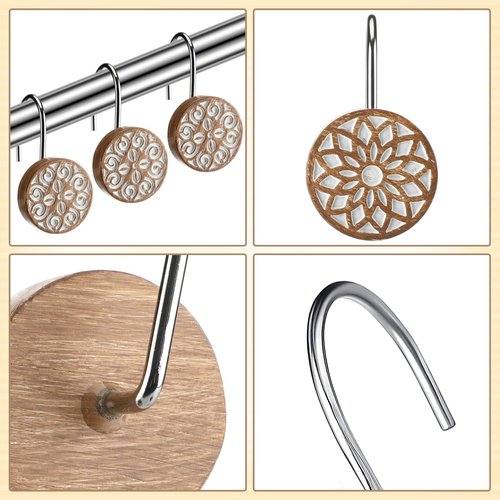 BreezeHug 12pcs Boho Shower Curtain Hooks Decorative Shower Curtain Hangers for Bathroom Rod Resin Round Rings with Brown Floral Pattern, Waterproof