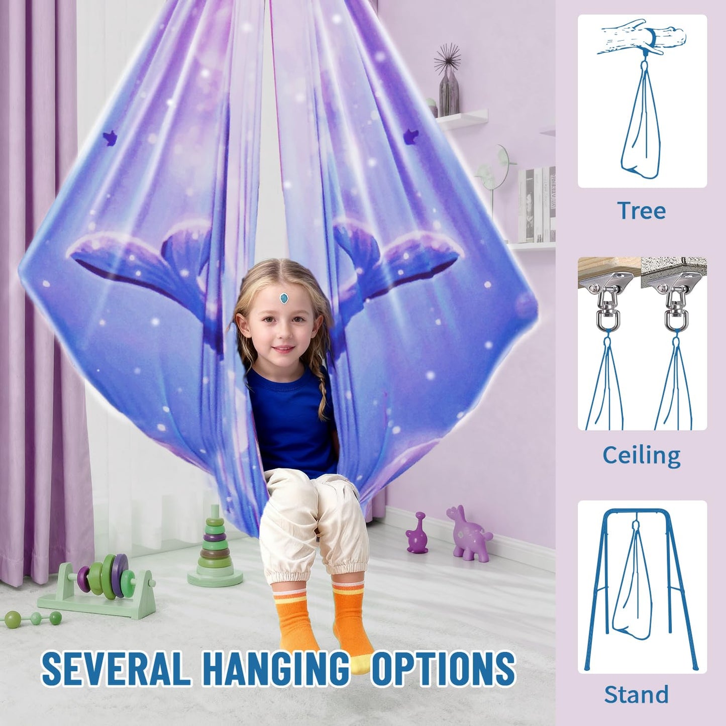 Sensory Swing for Kids & Adults with 360° Swivel Hanger Kit, Double Layer Elastic Therapy Swing Holds up to 300lbs for Autism, ADHD,Aspergers, and SPD (Blue PinkDolphin)