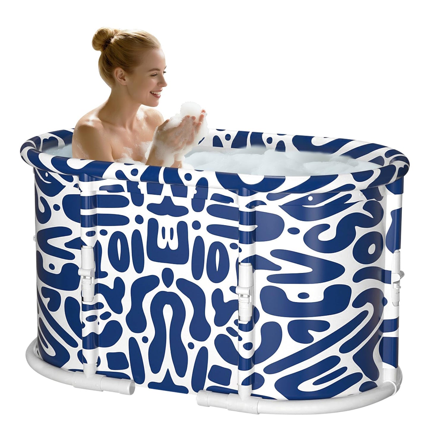 HLCZLUZ Portable Bathtub, Foldable Bathtub No Installation, Freestanding Shower Bathtubs with Cushion, Collapsible SPA Soaking Bath Tub, Hot & Ice Bath Tub for Indoor Outdoor (Water Pattern Blue)