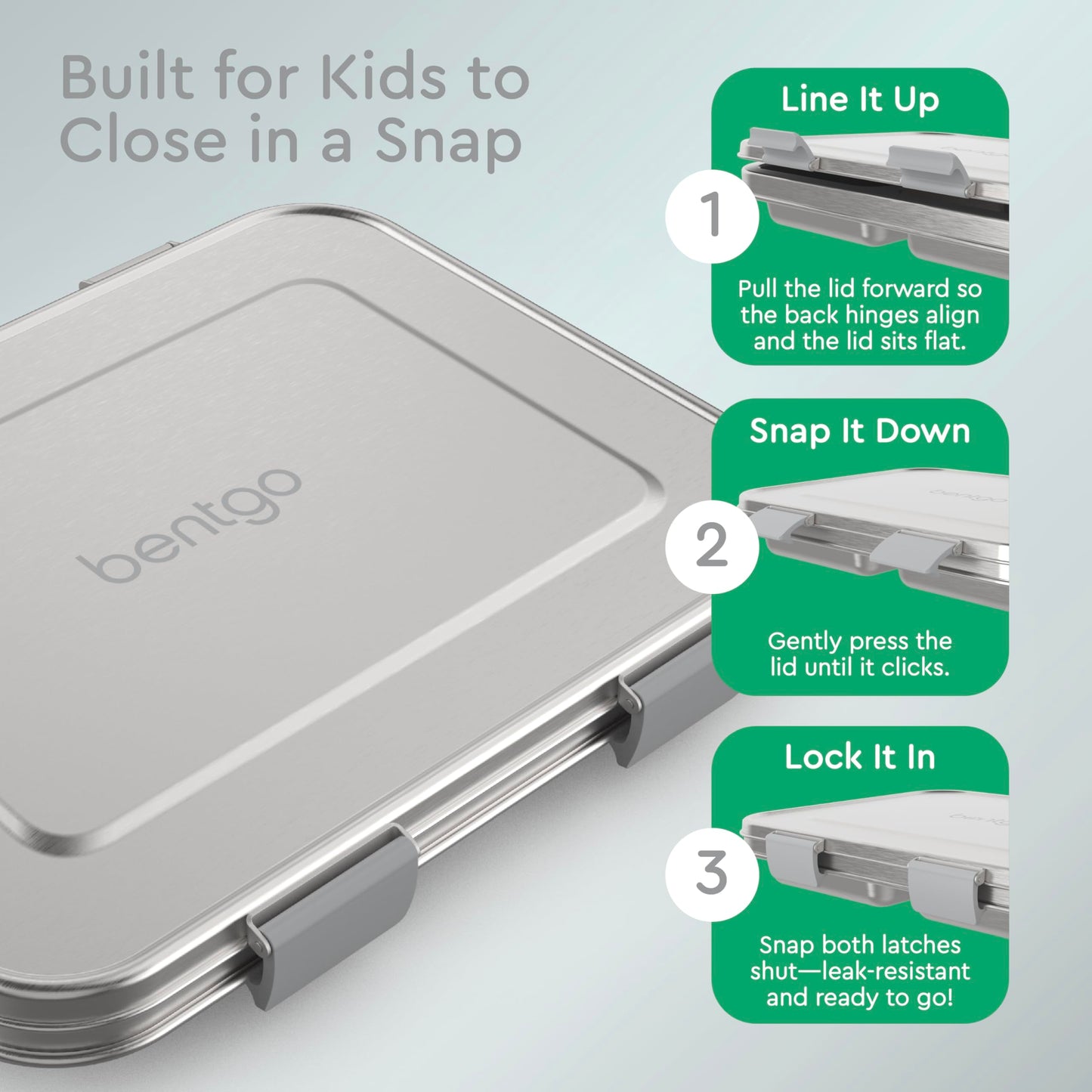 Bentgo Kids Stainless Steel Leak-Resistant Lunch Box - 3-Compartments with Bonus Silicone Container, Durable, Eco-Friendly, Dishwasher Safe, BPA-Free, Ideal for School, Ages 3+ (Silver)