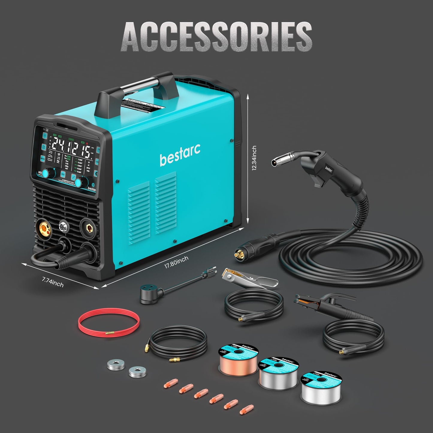 bestarc 215Amp MIG Welder, 110V 220V Gas MIG/Flux Core MIG/Stick/Lift TIG/Spool Gun/Spot Welding 7 IN 1 Aluminum Welding Machine, IGBT Multiprocess bestarc Welder with Synergy, Spool Gun Compatible