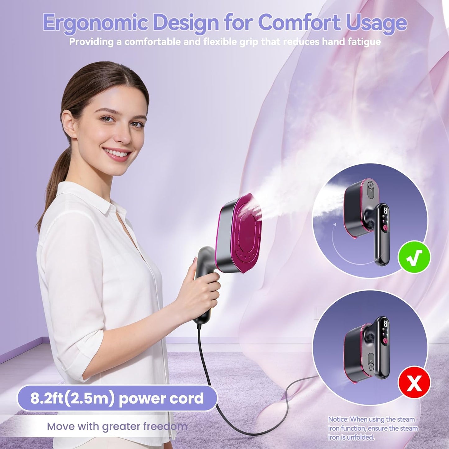 Skiennix Portable Handheld Travel Steamer - 2-in-1 Iron & Steamer with LCD Display, 1200W Fast Heat-Up, 180ml Tank for 20 Min Wrinkle Removal