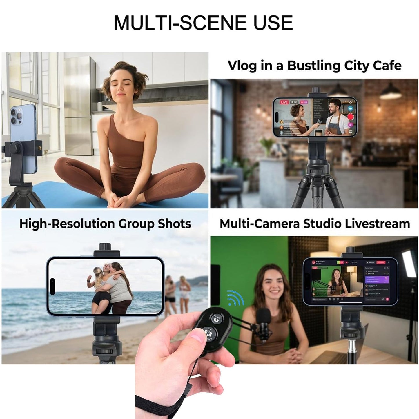 Ruittos Phone Tripod Mount Adapter with Camera Remote Controller, Cell Phone Holder Clip with Adjustable Clamp Compatible with iPhone, Samsung, HTC, Huawei etc., Include Wrist Strap