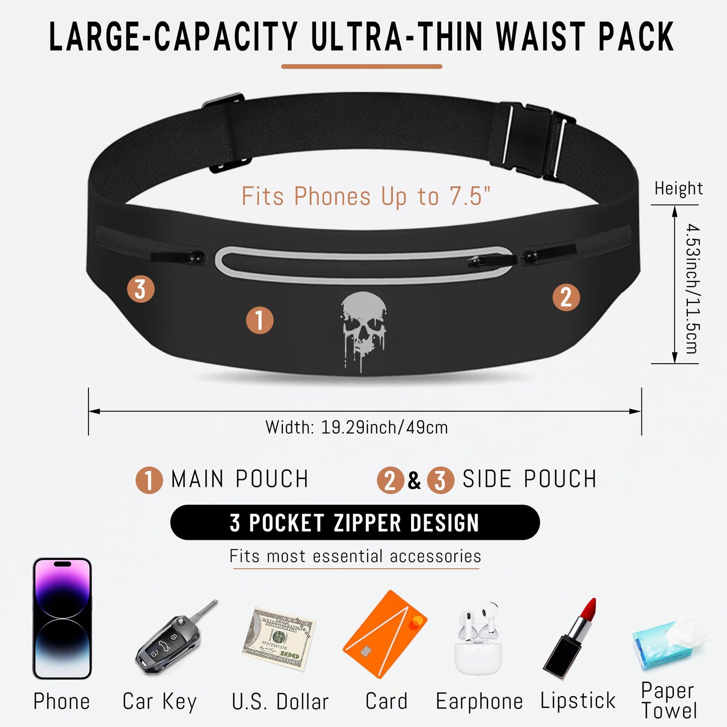 Skull Running Belt Waist Fanny Pack Phone Holder for Women, Waterproof Reflective Running Pack for Men Black Skull Jogging Pouch Adjustable,Horror Grim Reaper Wallet Holder for Hiking Cycling Workout
